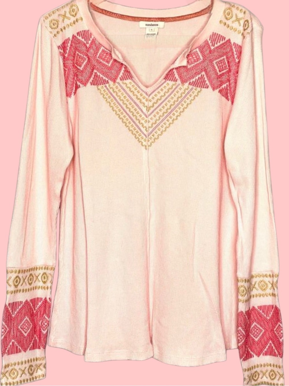 Sundance Pink Embroidered V-Neck Long Sleeve Pullover - Picture 8 of 8